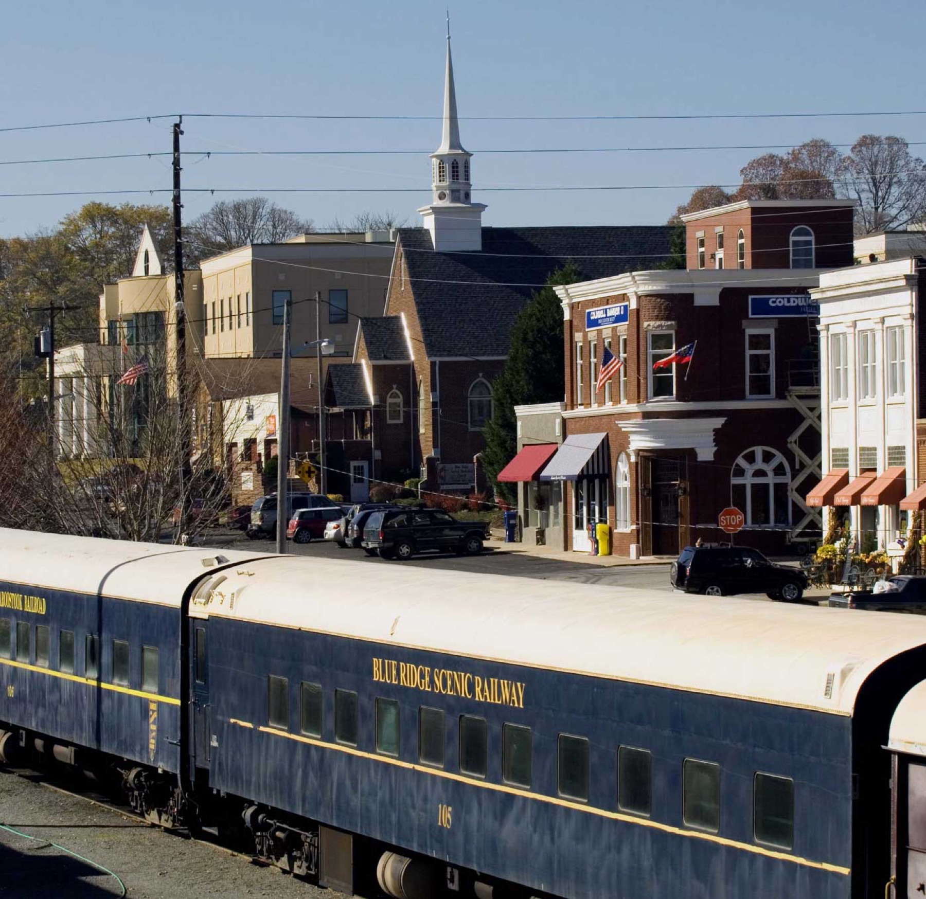 The Blue Ridge Scenic Railway train in downtown Blue Ridge, Georgia